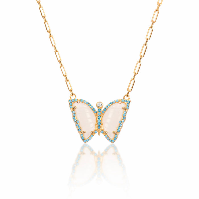 Silver Locket Pendant with Gold Plated Enameled Butterflies and Turquoise  Gemstone - Giampouras Collections