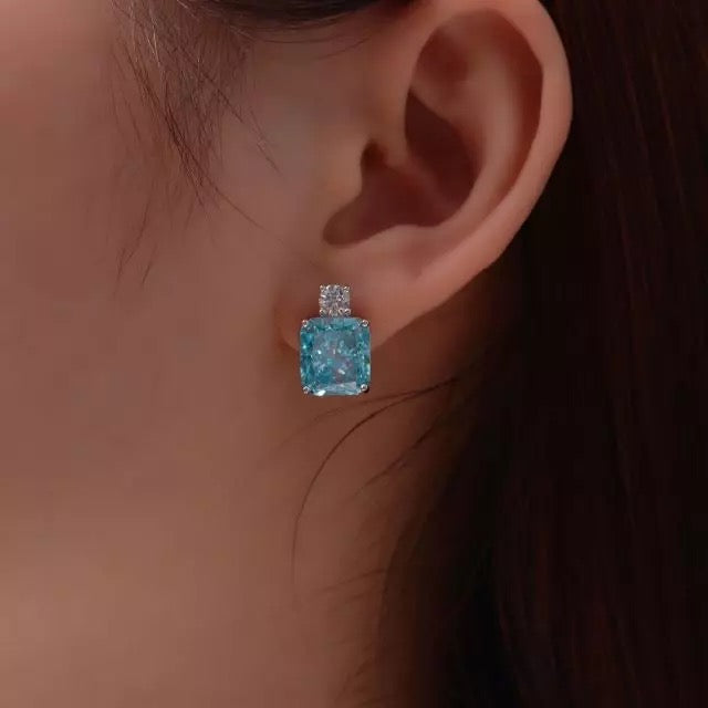 Gold Plated Sterling Silver Stud Earrings With Emerald Cut Blue sale Topaz And Diamond