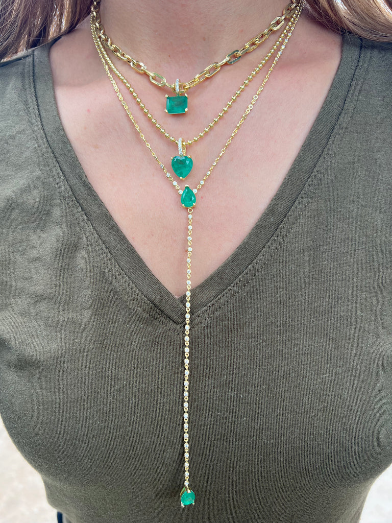 Silver gold plated diamond chain pear emerald lariat