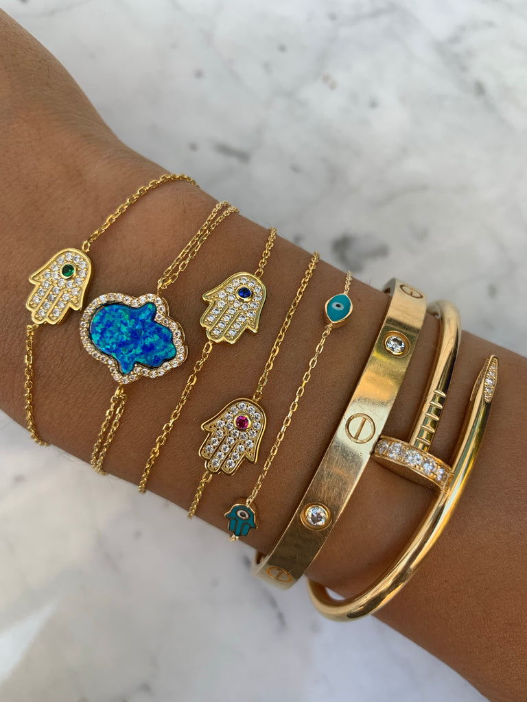 14K Gold Blue Enamel Hamsa Charm Bracelet – Shyne Jewelers™